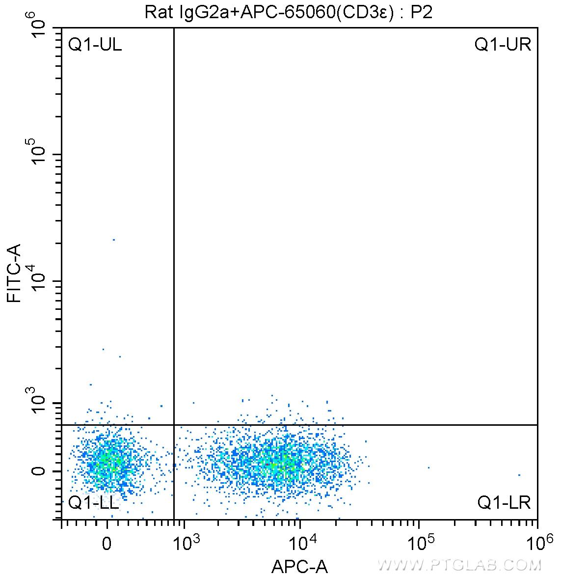 1X10^6 mouse splenocytes were surface stained with APC-Anti-Mouse CD3ε (APC-65060, Clone: 145-2C11), and 0.5 ug rat IgG2a isotype control and FITC anti-rat IgG2a antibody at dilution 1:200. Samples were not fixed.