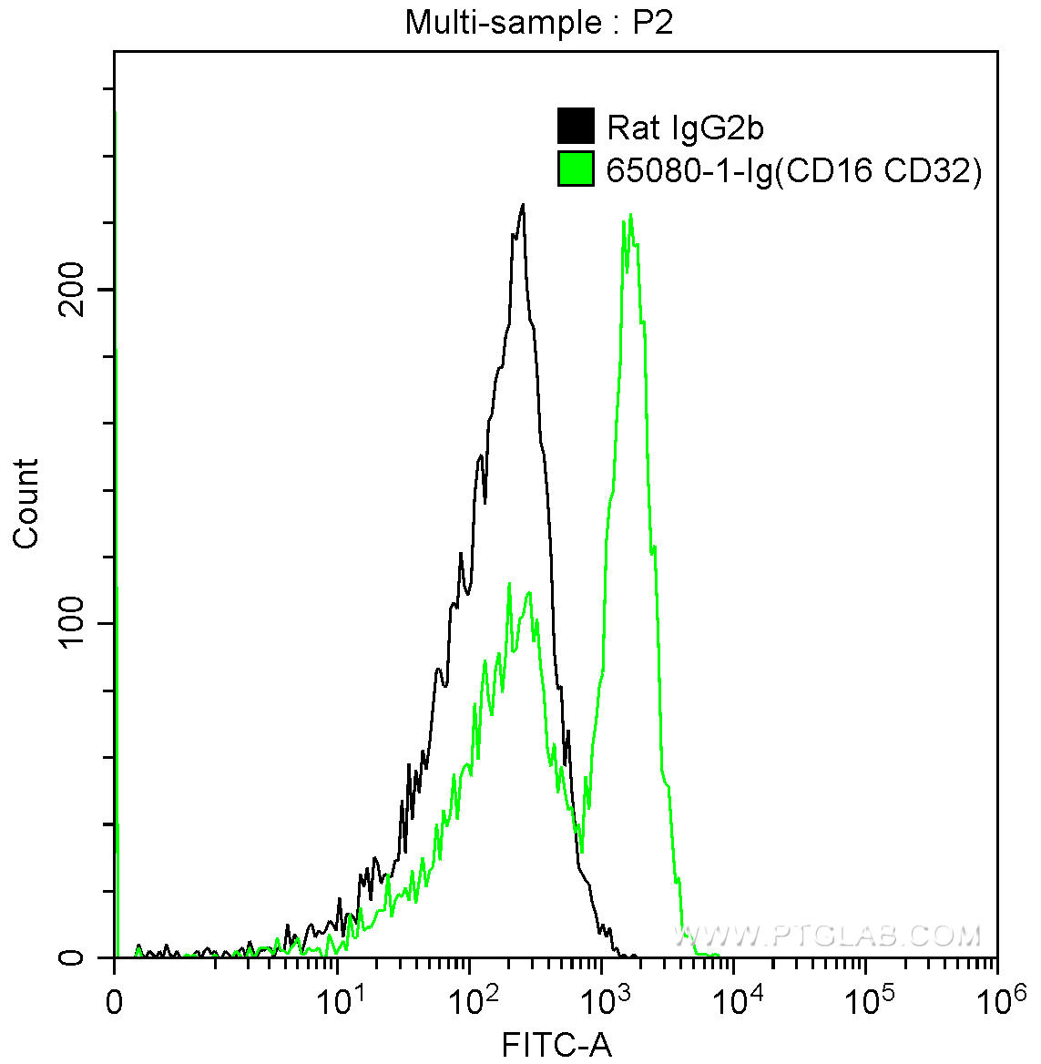 1X10^6 mouse splenocytes were surface stained with 0.5 ug Anti-Mouse CD16 / CD32 (65080-1-Ig, Clone: 2.4G2) and FITC Anti-Rat IgG2b Antibody at dilution 1:200 (green), or stained with 0.5 ug Rat IgG2b Isotype Control and FITC Anti-Rat IgG2b Antibody at dilution 1:200 (black). Samples were not fixed.