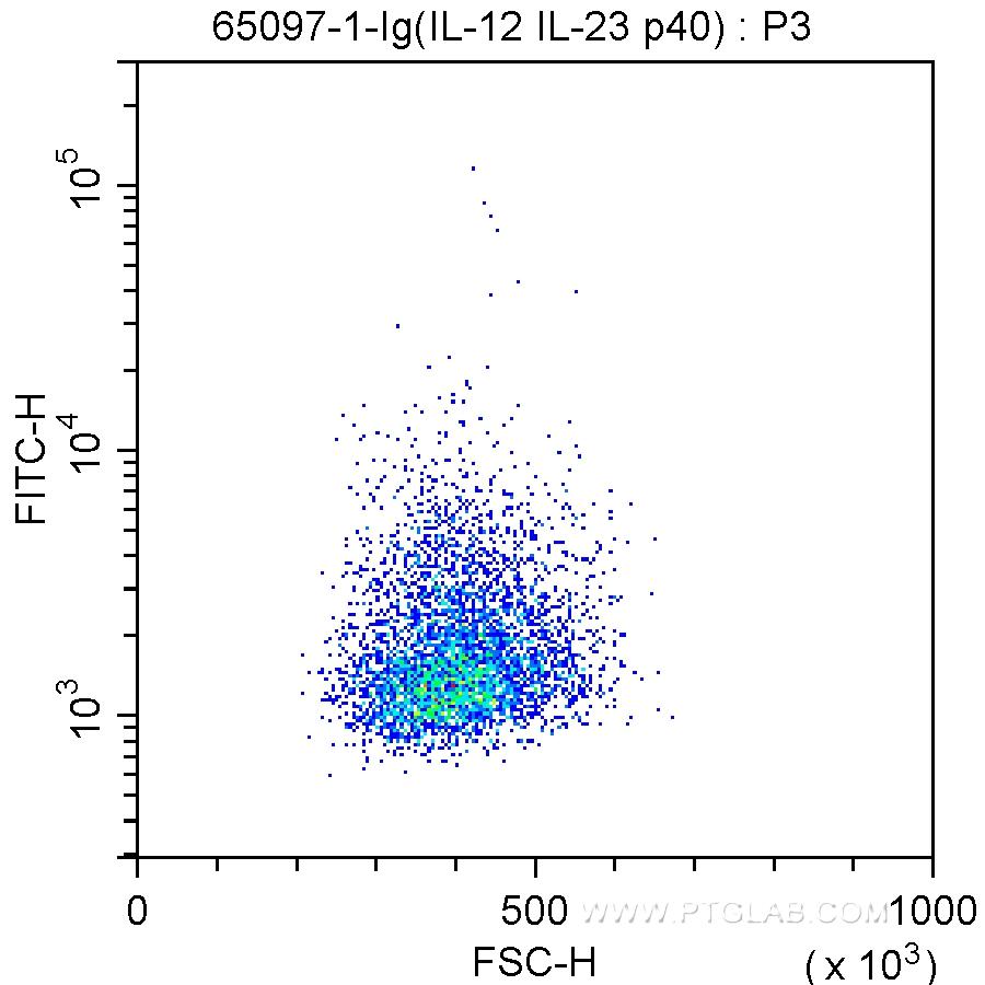 IFN-γ primed Balb/c mouse peritoneal macrophages stimulated with LPS in the presence of a protein transport inhibitor were treated with fixation and permeabilization reagents and intracellularly stained with 0.5 ug Anti-Mouse IL-12/IL-23 p40 (65097-1-Ig, Clone: C17.8) and FITC anti-rat IgG2a Antibody at dilution 1:50.