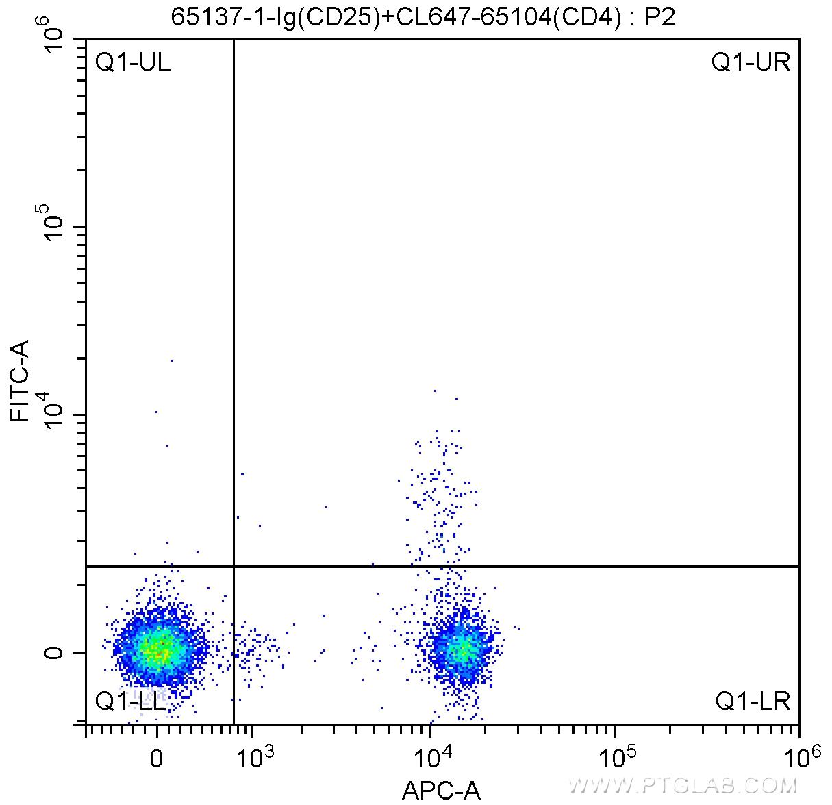 1X10^6 BALB/c mouse splenocytes were surface stained with CoraLite®647-conjugated Anti-Mouse CD4 (CL647-65104, Clone:GK1.5), and 0.25 ug Anti-Mouse CD25 (65137-1-Ig, Clone: PC61.5) and FITC Anti-Rat IgG1 Antibody at dilution 1:200. Samples were not fixed.