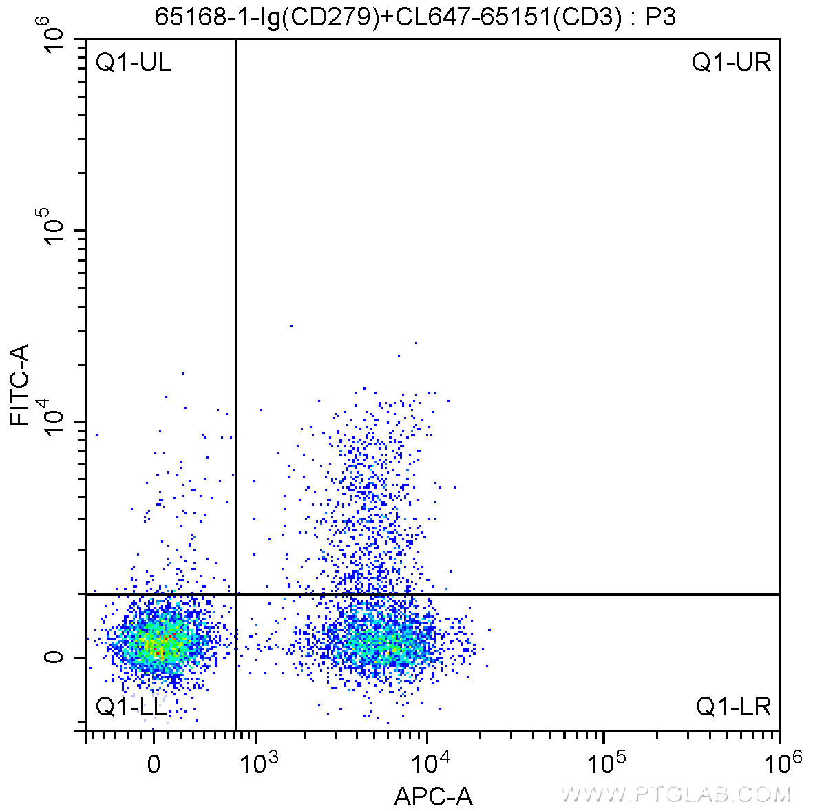 1X10^6 human peripheral blood mononuclear cells (PBMCs) were surface stained with CoraLite®647-conjugated Anti-Human CD3 (CL647-65151, Clone: UCHT1), 0.25 ug Anti-Human CD279 (65168-1-Ig, Clone: EH12.2H7) and CoraLite®488-Conjugated AffiniPure Goat Anti-Mouse IgG(H+L) at dilution 1:1000. Cells were not fixed.