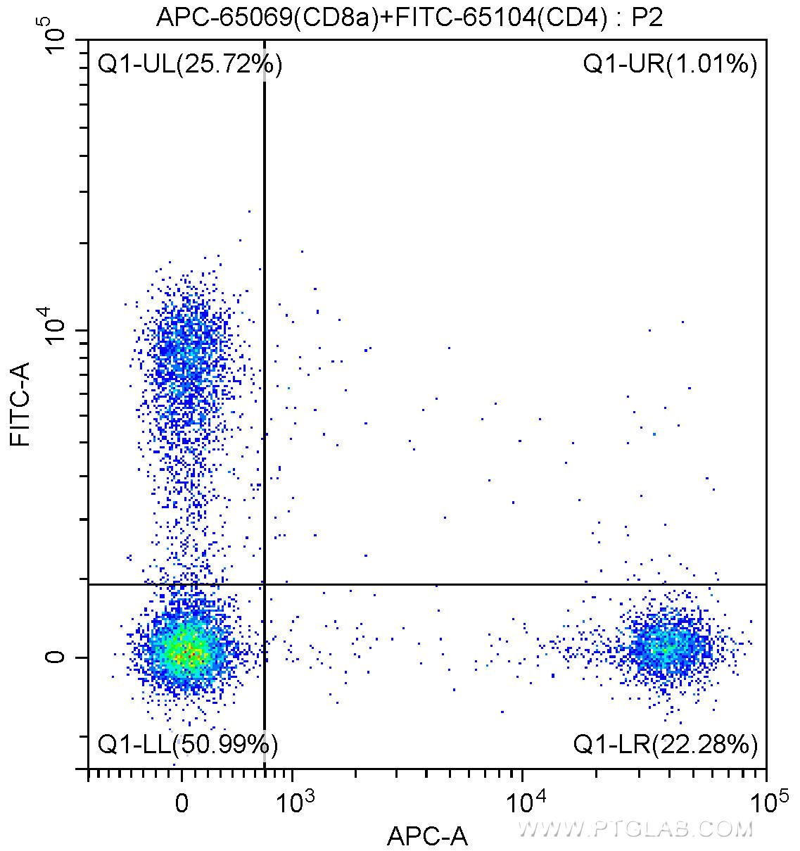 1X10^6 BALB/c mouse splenocytes were surface stained with FITC-Anti-Mouse CD4 (FITC-65104, Clone: GK1.5) and 0.20 ug APC-Anti-Mouse CD8a (APC-65069, Clone: 53-6.7). Cells were not fixed.