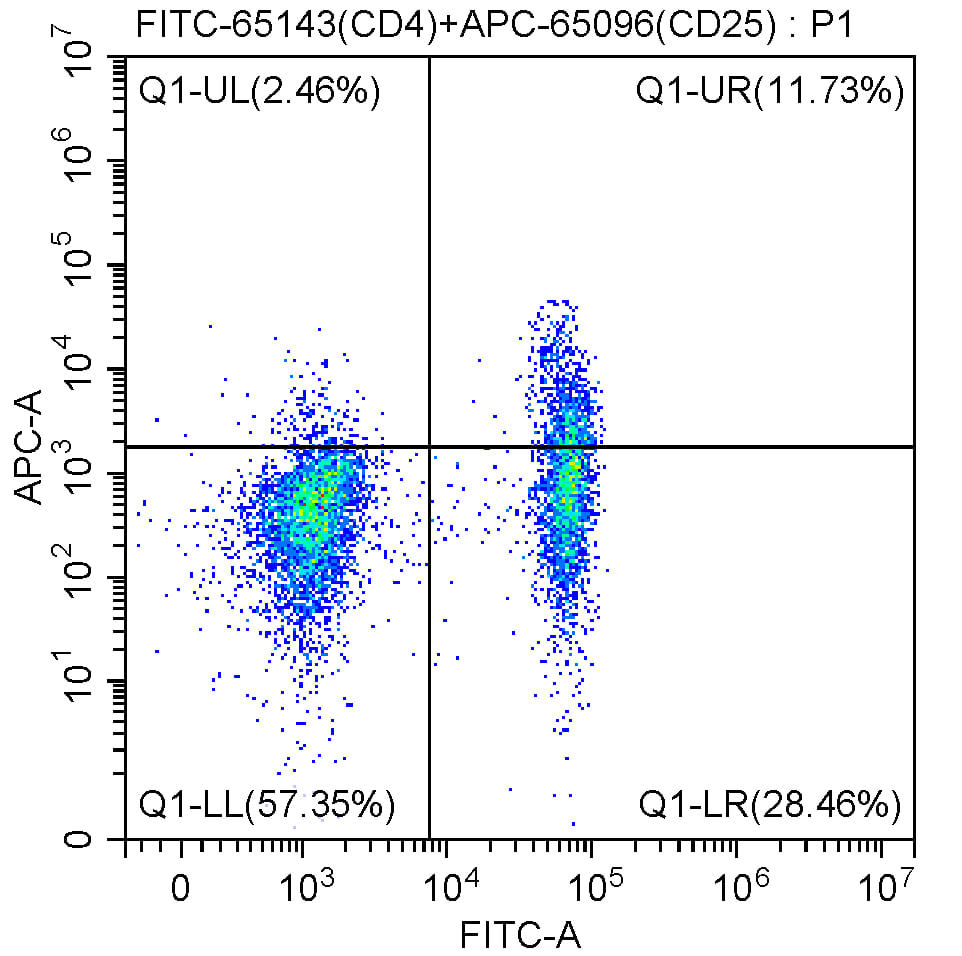1X10^6 human peripheral blood lymphocytes were surface stained with 0.125 ug FITC-Anti-Human CD4 (FITC-65143, clone RPA-T4) and 0.125 ug APC-Anti-Human CD25 (APC-65096, clone BC96). Samples were not fixed.