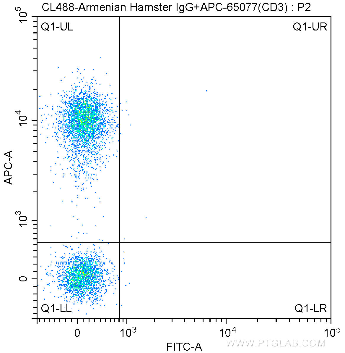 1X10^6 C57BL/6 mouse splenocytes were surface stained with APC-Anti-Mouse CD3 (APC-65077, Clone: 17A2) and CoraLite®488-conjugated Armenian Hamster IgG isotype control antibody. Cells were not fixed.
