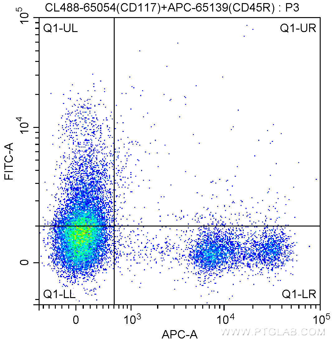 1X10^6 C57BL/6 mouse bone marrow cells were surface stained with APC Anti-Mouse CD45R (B220) (APC-65139, Clone: RA3-6B2) and 5.00 ul CoraLite®488-conjugated Anti-Mouse CD117 (CL488-65054, Clone: 2B8). Cells were not fixed.