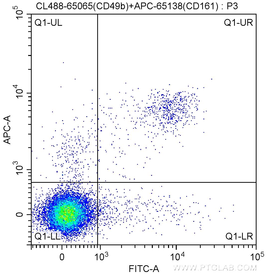1X10^6 C57BL/6 mouse splenocytes were surface stained with APC Anti-Mouse NK1.1 (CD161) (APC-65138, Clone: PK136) and 5.00 ul CoraLite®488-conjugated Anti-Mouse CD49b (CL488-65065, Clone: DX5). Cells were not fixed.