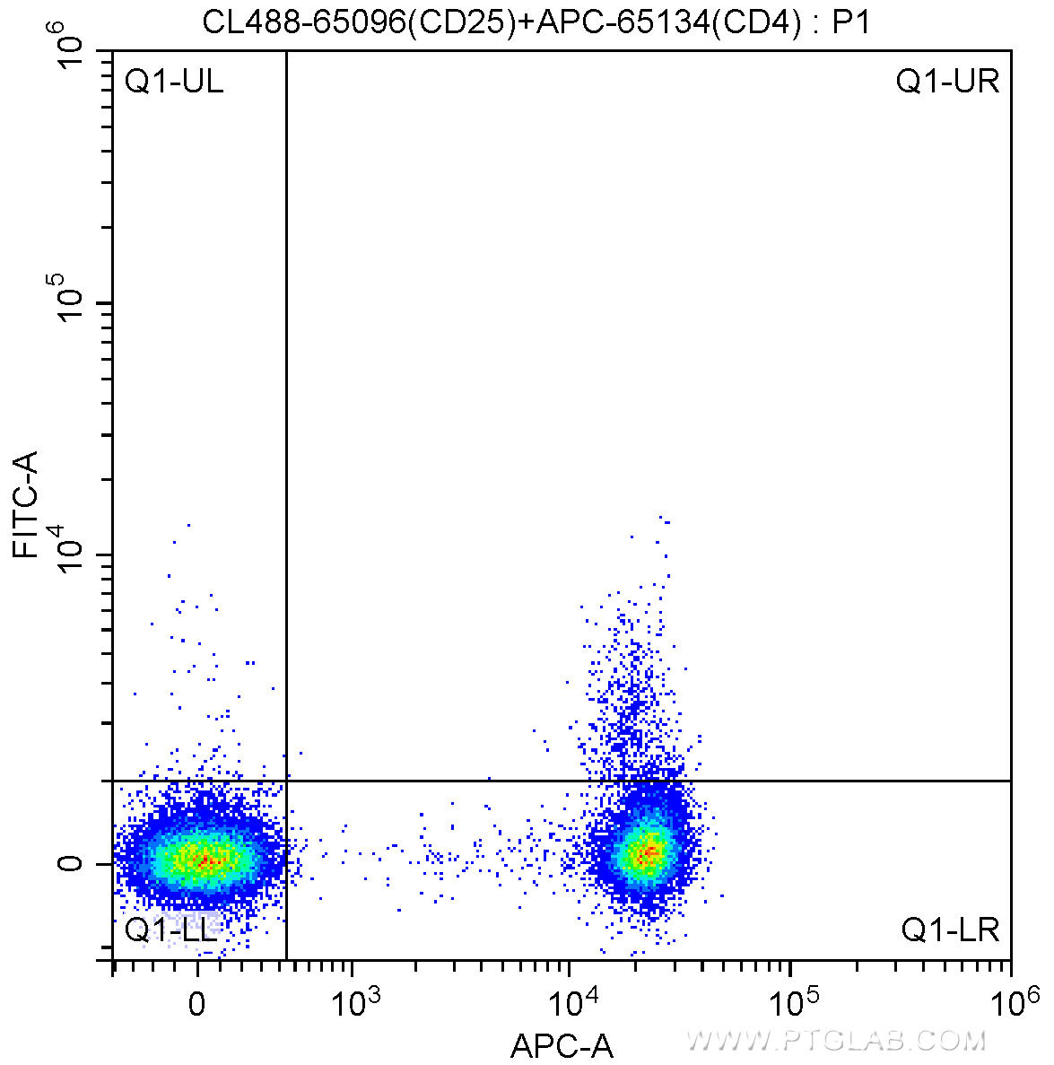 1X10^6 human peripheral blood mononuclear cells (PBMCs) were surface stained with APC Anti-Human CD4 (APC-65134, Clone: OKT4) and 5.00 ul CoraLite®488-conjugated Anti-Human CD25 (CL488-65096, Clone: BC96). Cells were not fixed.