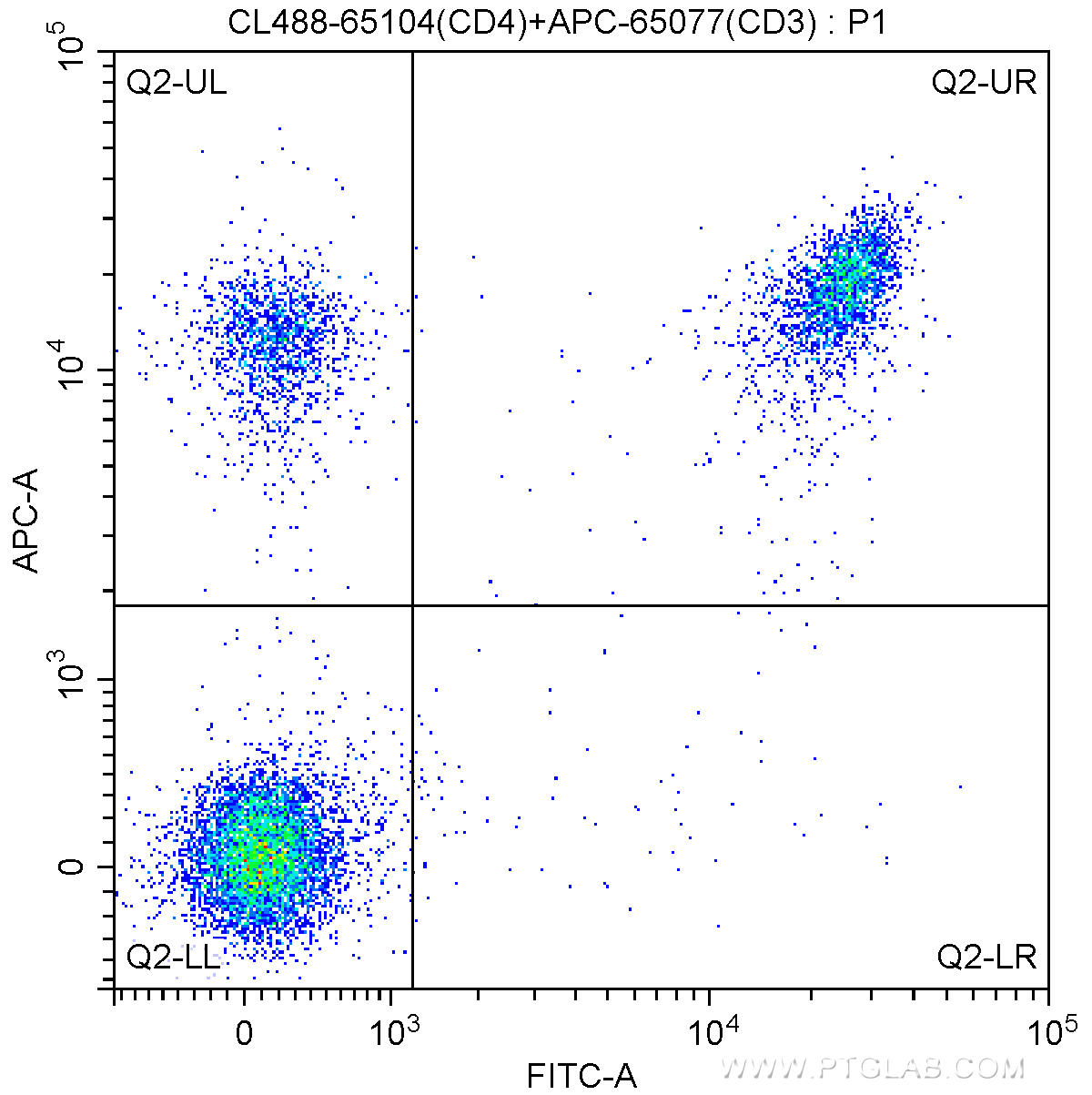 1X10^6 C57BL/6 mouse splenocytes were surface stained with APC-Anti-Mouse CD3 (APC-65077, Clone: 17A2) and 5.00 ul CoraLite®488-conjugated Anti-Mouse CD4 (CL488-65104, Clone: GK1.5). Cells were not fixed.