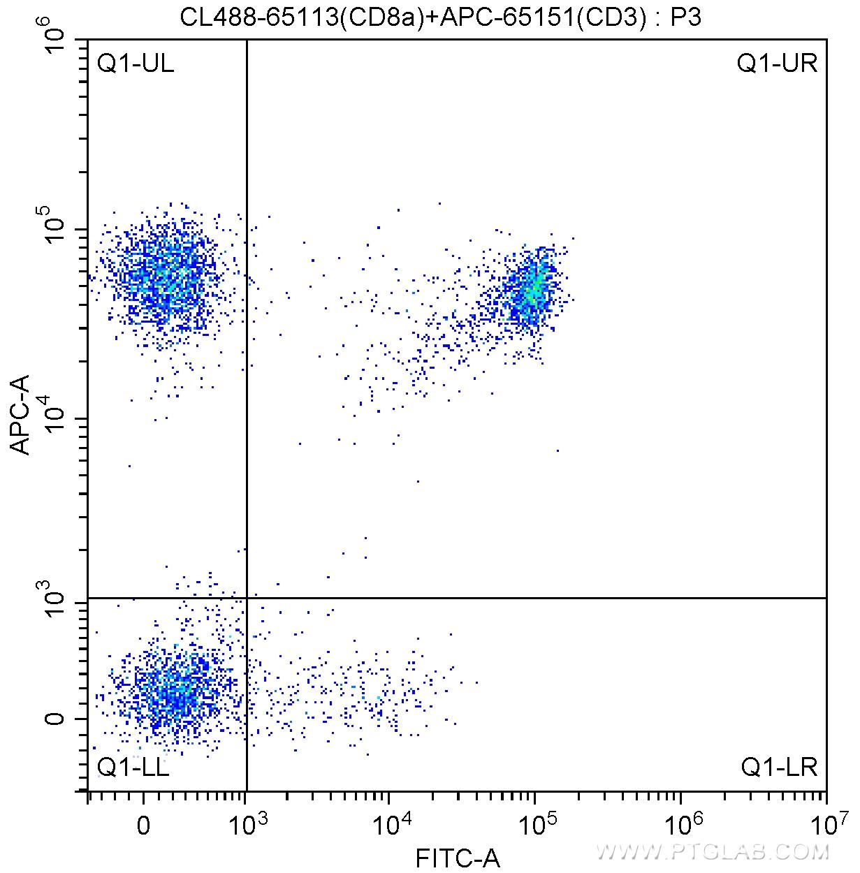 1X10^6 human peripheral blood lymphocytes were surface stained with APC Anti-Human CD3 (APC-65151, Clone: UCHT1) and 5.00 ul CoraLite®488-conjugated Anti-Human CD8a (CL488-65113, Clone: Hit8a). Cells were not fixed.