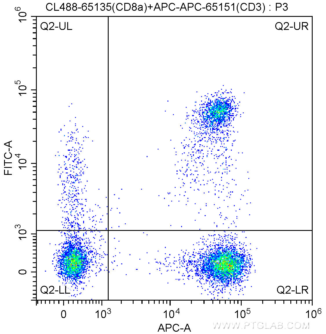 1X10^6 human peripheral blood lymphocytes were surface stained with APC Anti-Human CD3 (APC-65151, Clone: UCHT1) and 5.00 ul CoraLite®488-conjugated Anti-Human CD8a (CL488-65135, Clone: OKT8). Cells were not fixed.
