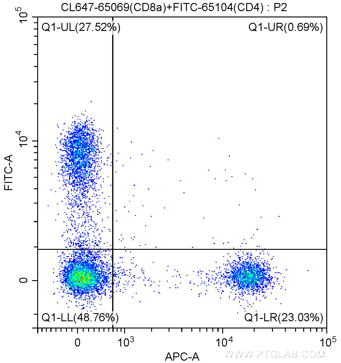 1X10^6 BALB/c mouse splenocytes were surface stained with FITC-Anti-Mouse CD4 (FITC-65104, Clone: GK1.5) and 5.00 ul CoraLite®647-conjugated Anti-Mouse CD8a (CL647-65069, Clone: 53-6.7). Cells were not fixed.
