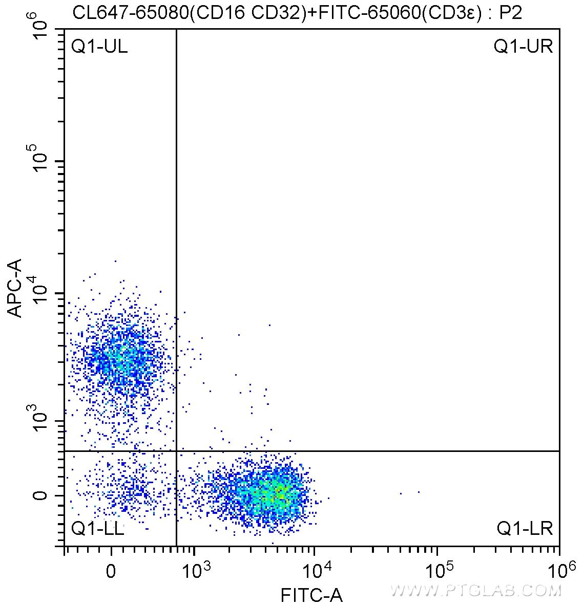 1X10^6 C57BL/6 mouse splenocytes were surface stained with FITC-Anti-Mouse CD3ε (FITC-65060, Clone: 145-2C11) and 5 ul CoraLite®647-conjugated Anti-Mouse CD16 / CD32 (CL647-65080, Clone: 2.4G2). Cells were not fixed.
