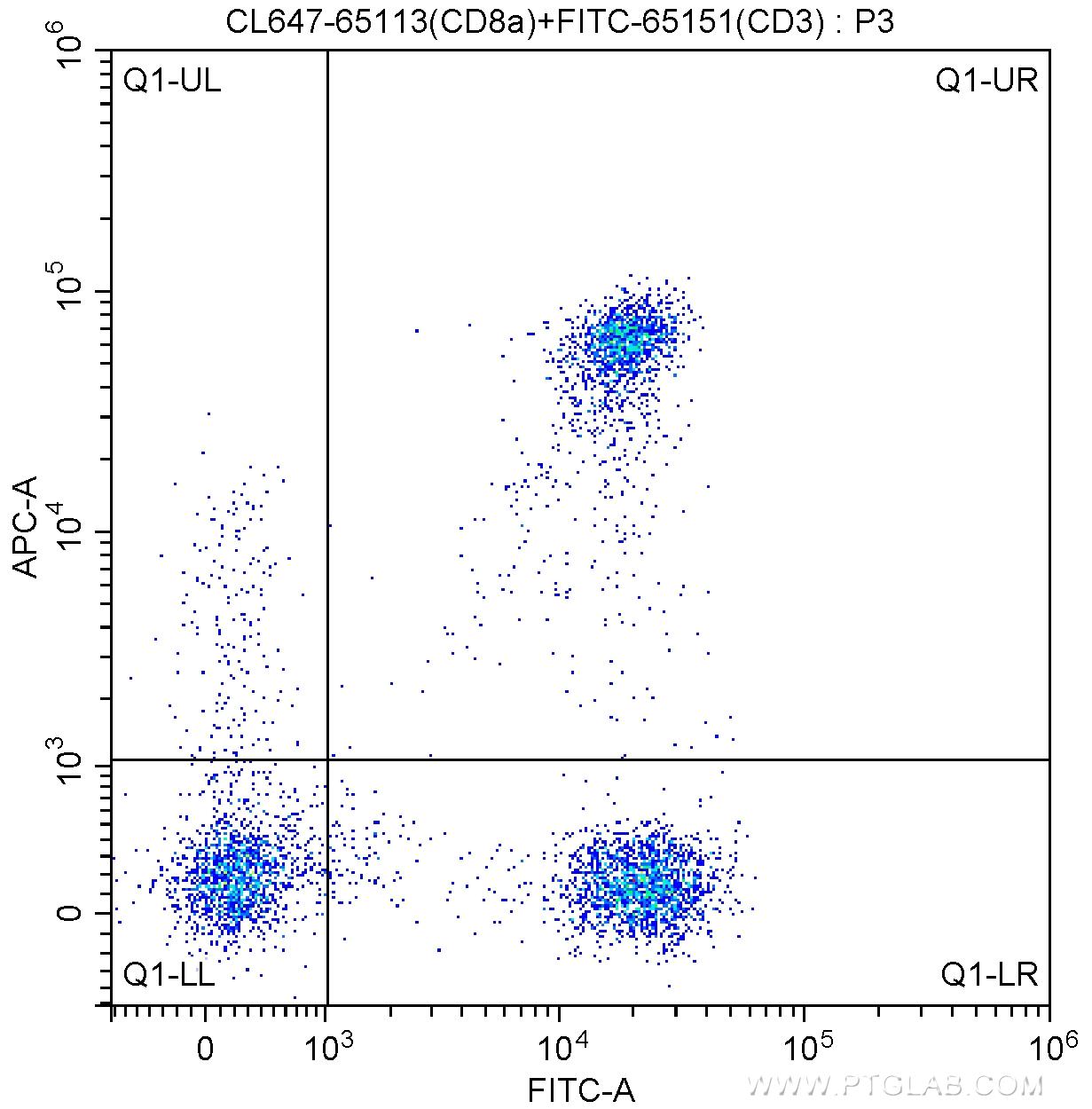 1X10^6 human peripheral blood lymphocytes were surface stained with FITC Anti-Human CD3 (FITC-65151, Clone: UCHT1) and 5.00 ul CoraLite®647-conjugated Anti-Human CD8a (CL647-65113, Clone: Hit8a). Cells were not fixed.