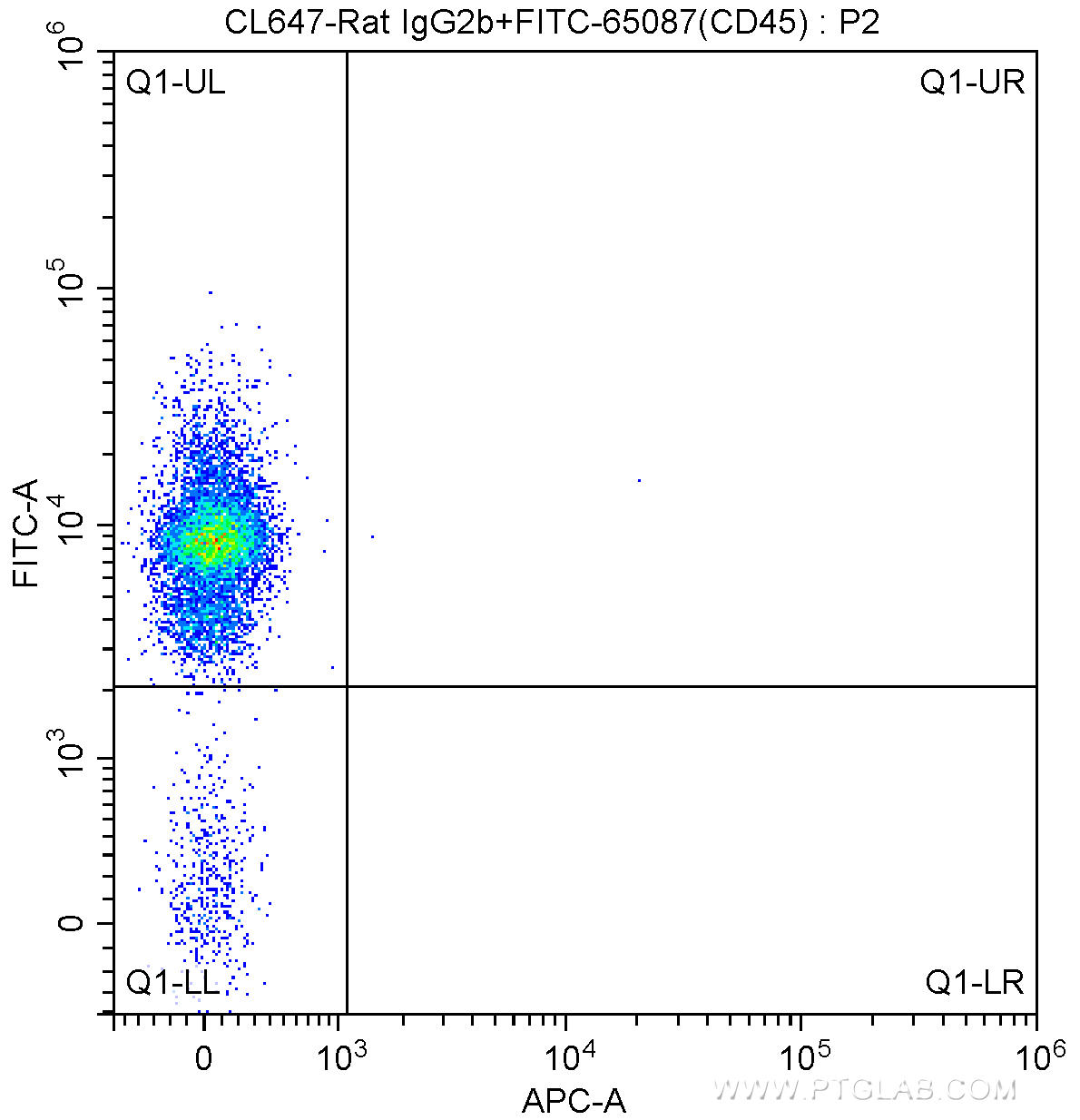 1X10^6 C57BL/6 mouse bone marrow cells were surface stained with FITC-Anti-Mouse CD45 (FITC-65087, Clone: 30-F11) and CoraLite®647-conjugated Rat IgG2b isotype control antibody. Cells were not fixed.