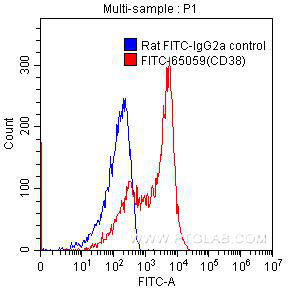 1X10^6 C57BL/6 mouse splenocytes were surface stained with 0.20 ug FITC-Anti-Mouse CD38 (FITC-65059, clone 90) (red) or 0.20 ug FITC-rat IgG2a isotype control (blue). Samples were not fixed.