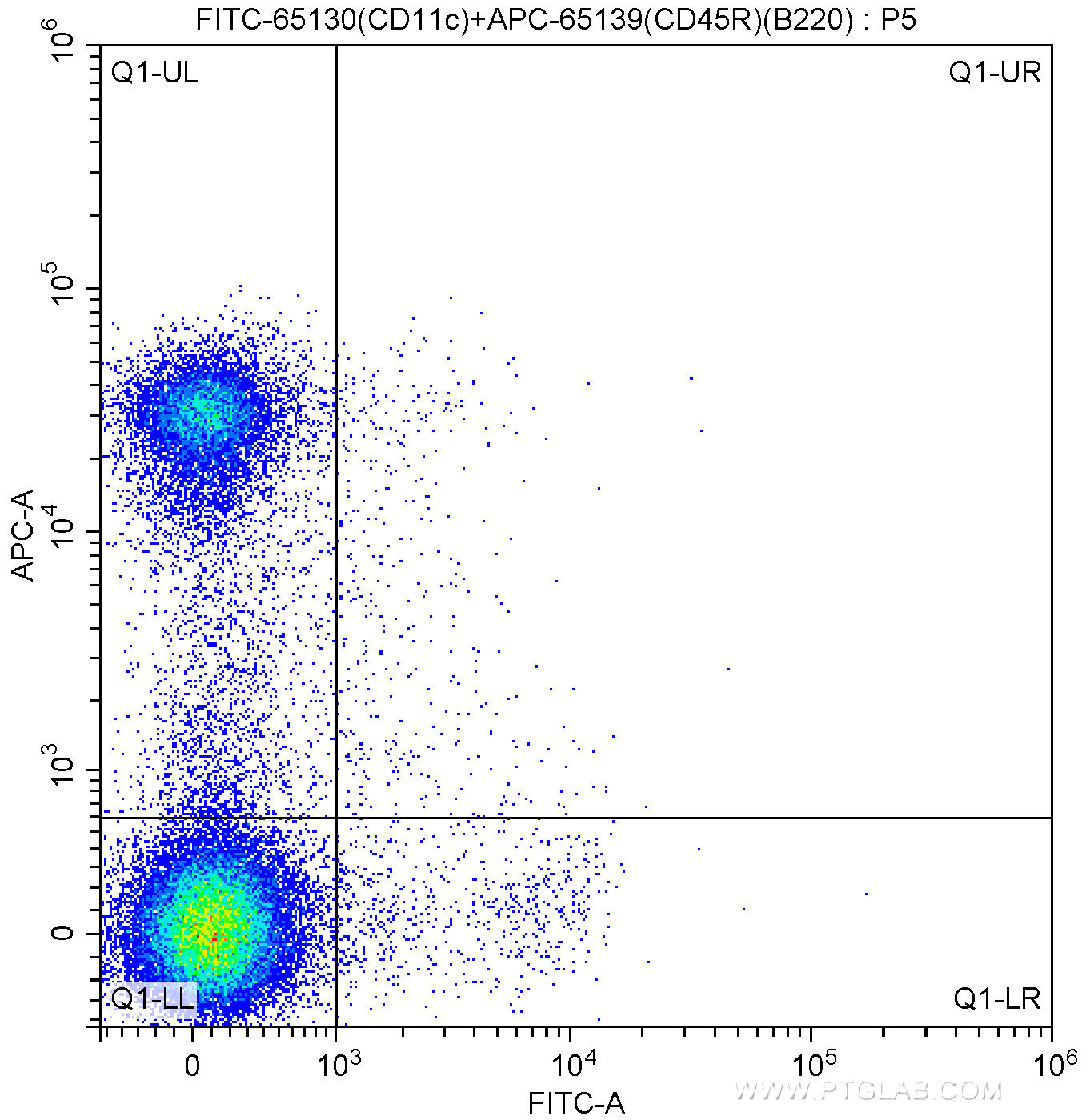 1X10^6 C57BL/6 mouse splenocytes were surface stained with APC Anti-Mouse CD45R (B220) (APC-65139, Clone: RA3-6B2) and 0.25 ug FITC Anti-Mouse CD11c (FITC-65130, Clone: N418). Cells were not fixed.