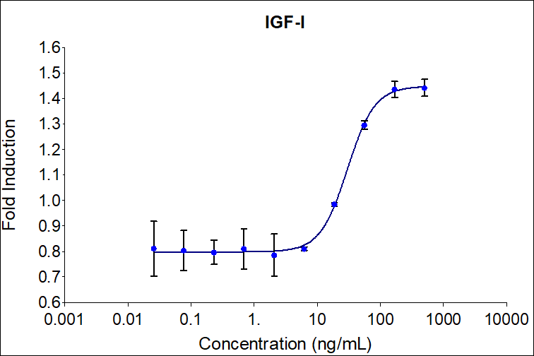 Recombinant human IGF-I (Cat no: HZ-1322) stimulates dose-dependent proliferation of the MCF-7 human breast cancer cell line. Cell number was quantitatively assessed by PrestoBlue® Cell Viability Reagent. MCF-7 cells were treated with increasing concentrations of recombinant IGF-I for 96 hours. The EC50 was determined using a 4-parameter non-linear regression model. The EC50 range is 14-70 ng/mL.