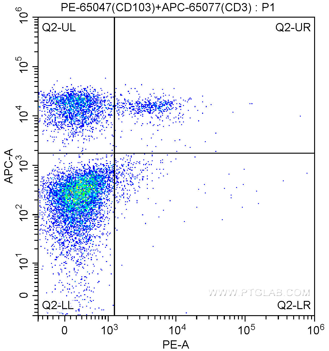 1X10^6 C57BL/6 mouse splenocytes were surface stained with 0.20 ug APC-Anti-Mouse CD3 (APC-65077, clone 17A2) and 0.20 ug PE-Anti-Mouse CD103 (PE-65047, clone 2E7). Samples were not fixed.