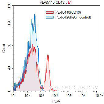 1X10^6 human peripheral blood lymphocytes were surface stained with 0.25 ug PE-anti-human CD19 (PE-65110, clone HIB19) (red) or 0.25 ug PE-mouse IgG1 isotype control (blue). Samples were not fixed.