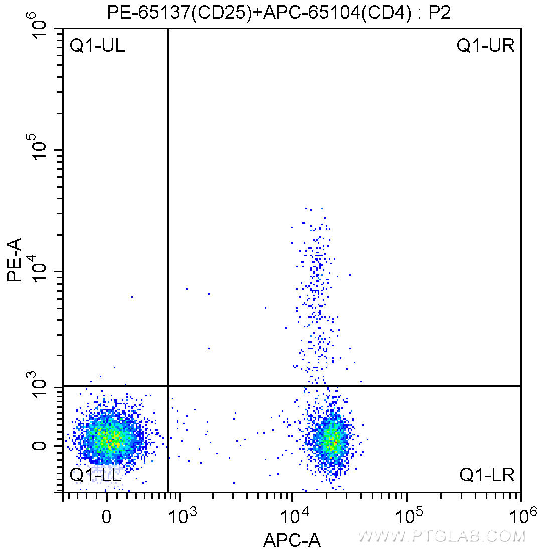 1X10^6 BALB/c mouse splenocytes were surface stained with APC-Anti-Mouse CD4 (APC-65104, Clone: GK1.5) and 0.13 ug PE Anti-Mouse CD25 (PE-65137, Clone: PC61.5). Cells were not fixed.