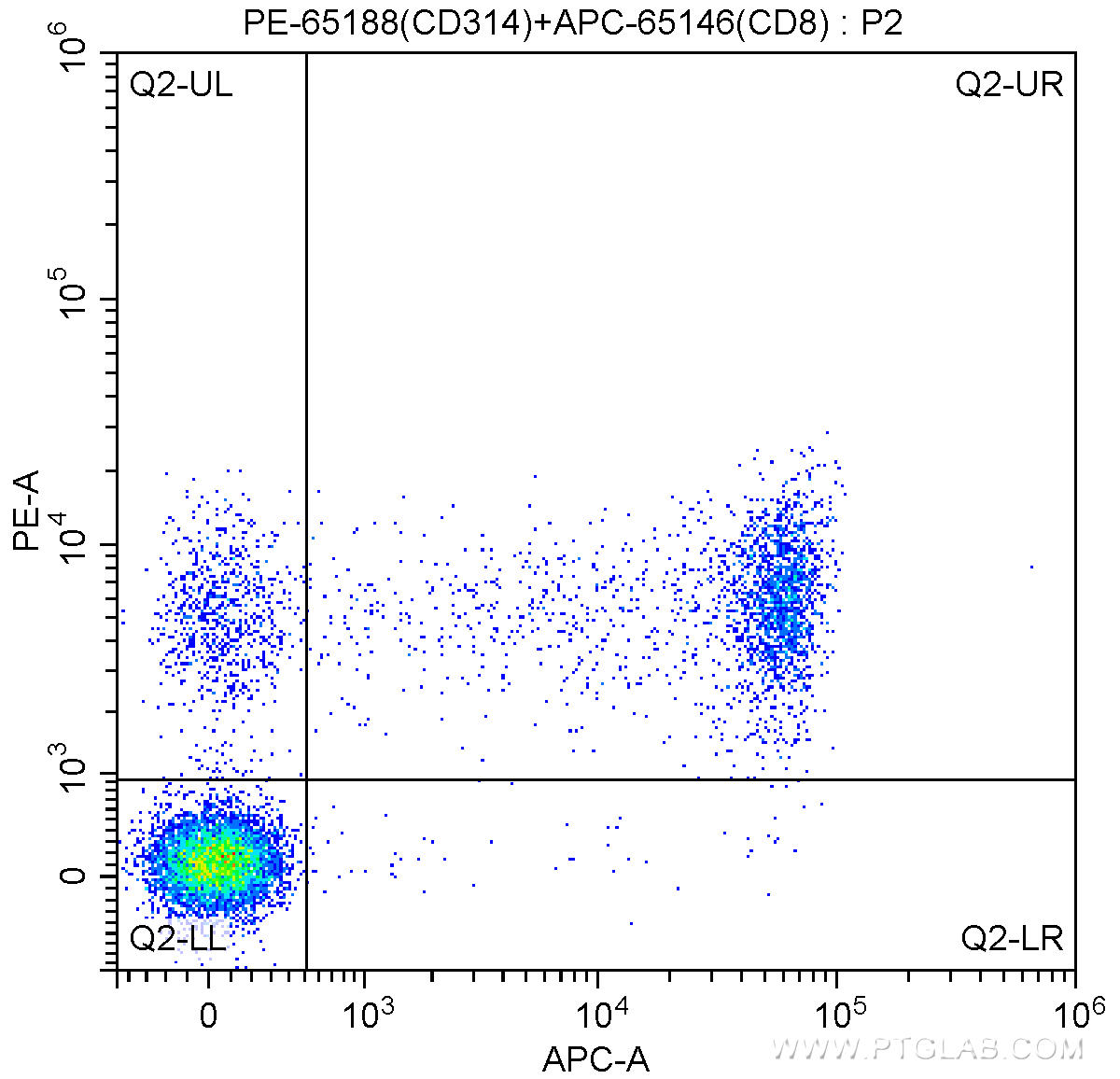 1X10^6 human peripheral blood lymphocytes were surface stained with APC Anti-Human CD8 (APC-65146, Clone: SK1) and 10 ul PE Anti-Human CD314 (PE-65188, Clone: 1D11). Cells were not fixed.