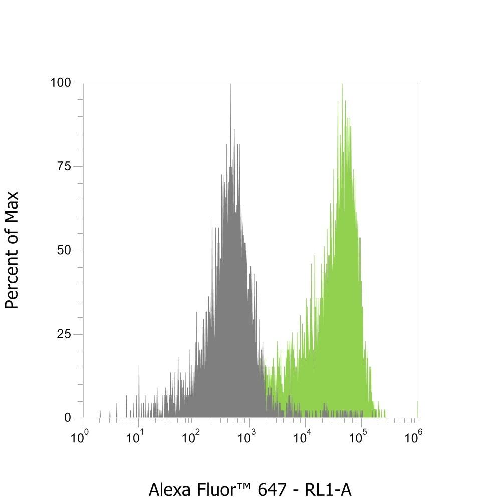 Flow cytometry with anti-mouse Nano-Secondaries. Jurkat CD3+ and Jurkat CD3- cell lines were mixed and immunostained live with anti-CD3 mouse IgG1 and Nano-Secondary alpaca anti-mouse IgG1 Alexa Fluor® 647 (1:600). Two cell populations can be clearly distinguished with a 2-log shift: CD3-positive cells (in green) and CD3-negative cells (in grey).