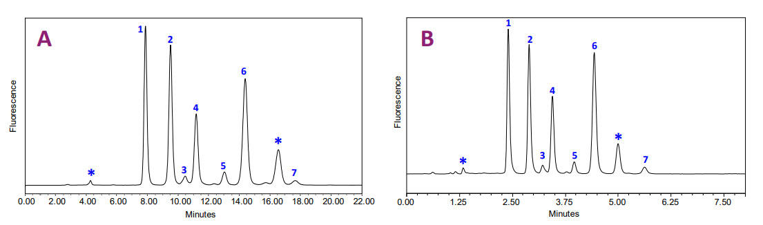 LudgerSep-R1 HPLCカラム (A) もしくはLudgerSep-uR2 UHPLCカラム (B) でのDMB標識したシアル酸リファレンスパネル (品番CM-SRP-01) のクロマロトグラム